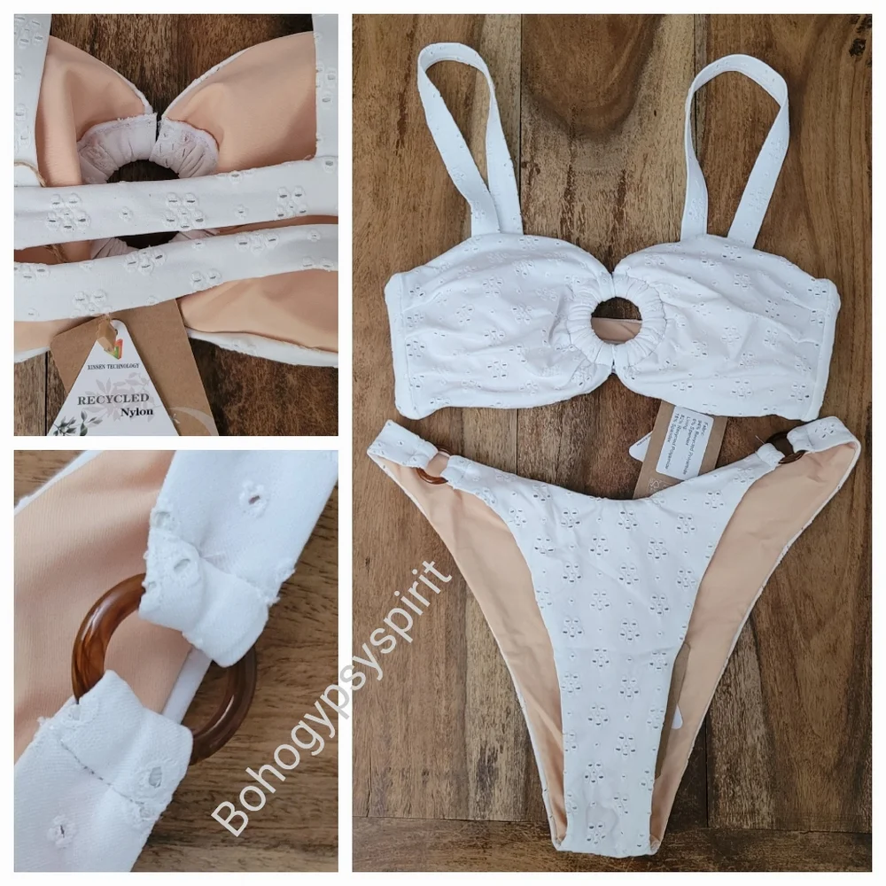 $78 Berlook Ruched Floral Cutout Bikini top & O-Ring High Cut Bikini…